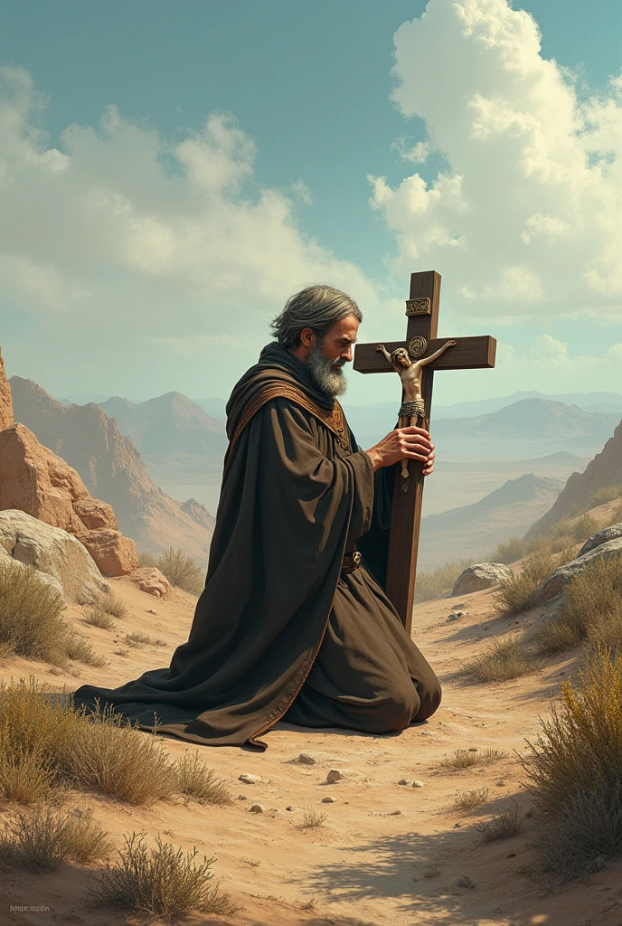 A priest with a crucifix praying in the middle of the backlands