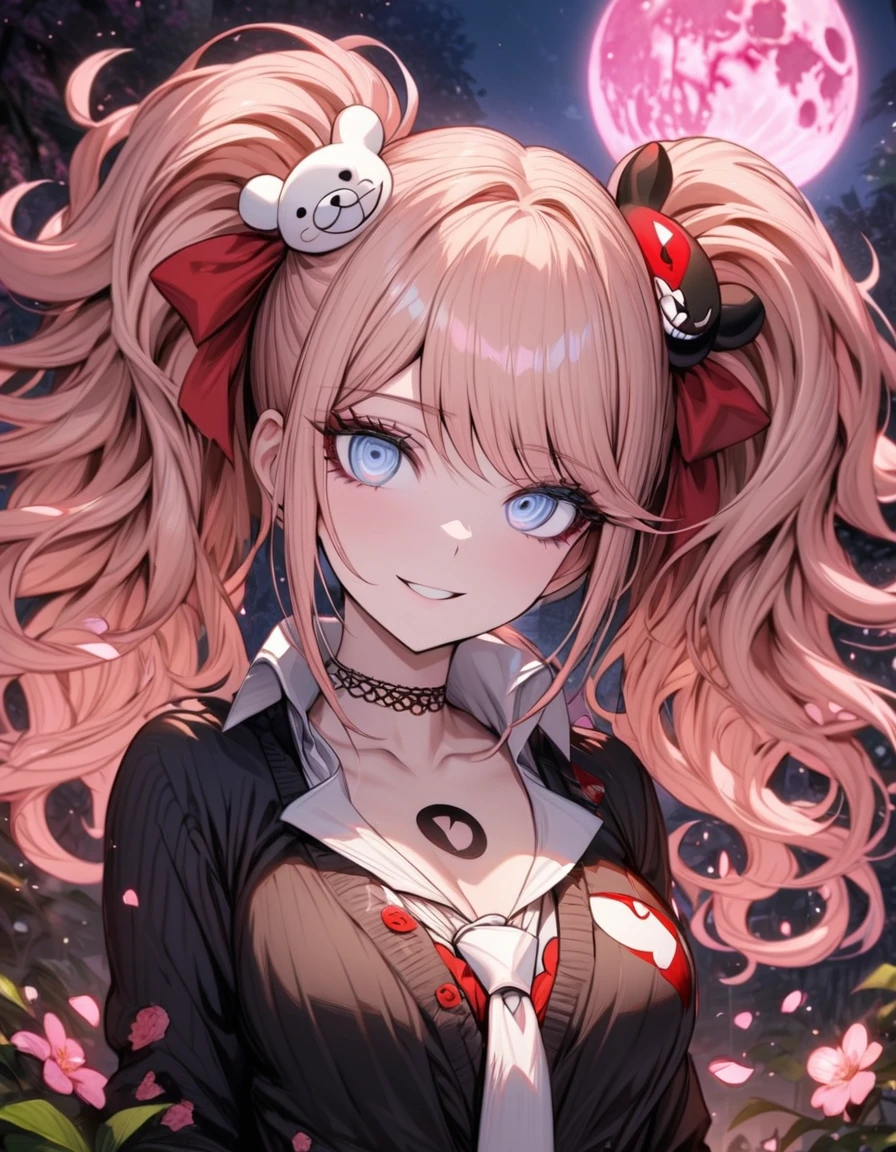 Ultra detailed, highres, absurdres, HDR, master piece, Enoshima Junko, strawberry-blonde hair tied in two twin pigtails, expressive light blue eyes, Danganronpa, black cardigan, white long necktie, pink flowers, petals, fireflies, pink moon, woman, solo, extremely beautiful, very detailed face and eyes, best quality, smiling, fantasy, magical