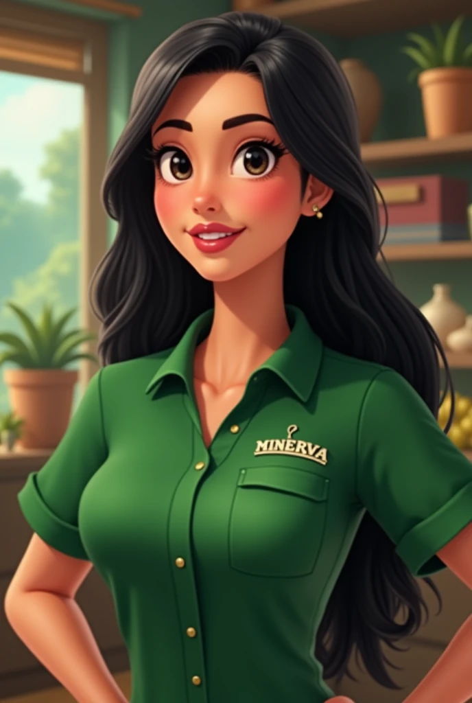 An animated image of a 28 year old woman with black hair, black eyes, thick eyebrows, a merchandiser for an Ecuadorian Minerva coffee company wearing a green shirt uniform.