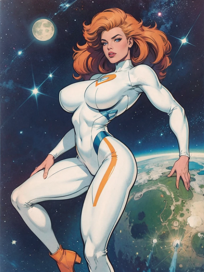 (masterpiece, top quality, best quality, official art, beautiful and aesthetic:1.2), (1girl:1.3), light freckles, fair skin, extremely detailed, portrait, looking at viewer, solo, (full body:0.6), detailed background, close up, (bright space pinup theme:1.1), busty 1950's pinup brunette space girl, charlatan, smiling, happy, mysterious, spacewalk, modest attire, white and orange space suit, spacesuit, helmet, bodysuit, ray gun, long boots, pouches, jetpack, glass helmet, rocket ship, ((((narrow hips, slim sexy body, gigantic breasts)))), slim waist, slim hips, long legs, futuristic (moon exterior:1.1) background, dark mysterious lighting, shadows, magical atmosphere, dutch angle,