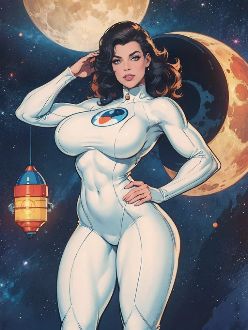 (masterpiece, top quality, best quality, official art, beautiful and aesthetic:1.2), (1girl:1.3), light freckles, fair skin, extremely detailed, portrait, looking at viewer, solo, (full body:0.6), detailed background, close up, (bright space pinup theme:1.1), busty 1950's pinup brunette space girl, charlatan, smiling, happy, mysterious, spacewalk, modest attire, white and orange space suit, spacesuit, helmet, bodysuit, ray gun, long boots, pouches, jetpack, glass helmet, rocket ship, ((((narrow hips, slim sexy body, gigantic breasts)))), slim waist, slim hips, long legs, futuristic (moon exterior:1.1) background, dark mysterious lighting, shadows, magical atmosphere, dutch angle,