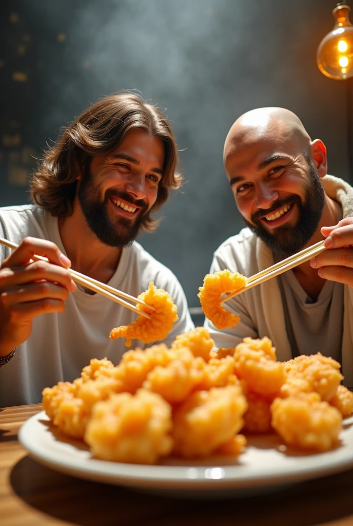 Viewed diagonally from above. Jesus Christ and a Japanese man eating tempura. They smile happily with wise and benevolent faces. they are shining. Surrounded by rainbow-colored light. I'm grabbing fried shrimp with chopsticks. Assorted tempura is on the table. Jesus and Buddha are wearing white T-shirts and jeans. Jesus of Nazareth is depicted as a gentle, gentle man with shoulder-length hair. His wavy brown hair cascades over his shoulders. His face conveys deep wisdom and empathy, radiating warmth and understanding. The other man is depicted as a kind-hearted Japanese man with a Buddha-like shaved head and a gentle, cheerful expression. Japanese men's faces convey deep wisdom and empathy, radiating warmth and understanding. The appearance of eating happily. Photography, close-up, highly detailed, trending at the art station, sharp focus, studio shot, intricate details, Greg Rutkowski,