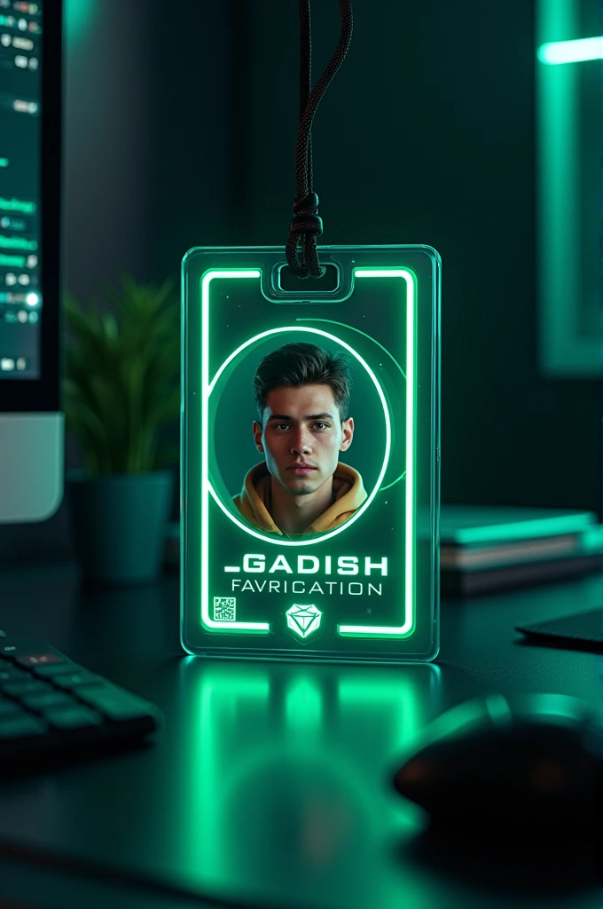 create a v card profile on glass id card on a black desk displaying still gate logo and realistic profile photo of a teenage grinder in circle and “JAGDISH FAVRICATION” is written in bold fonts under the profile photo , the v card is glowing in green color on the edge.