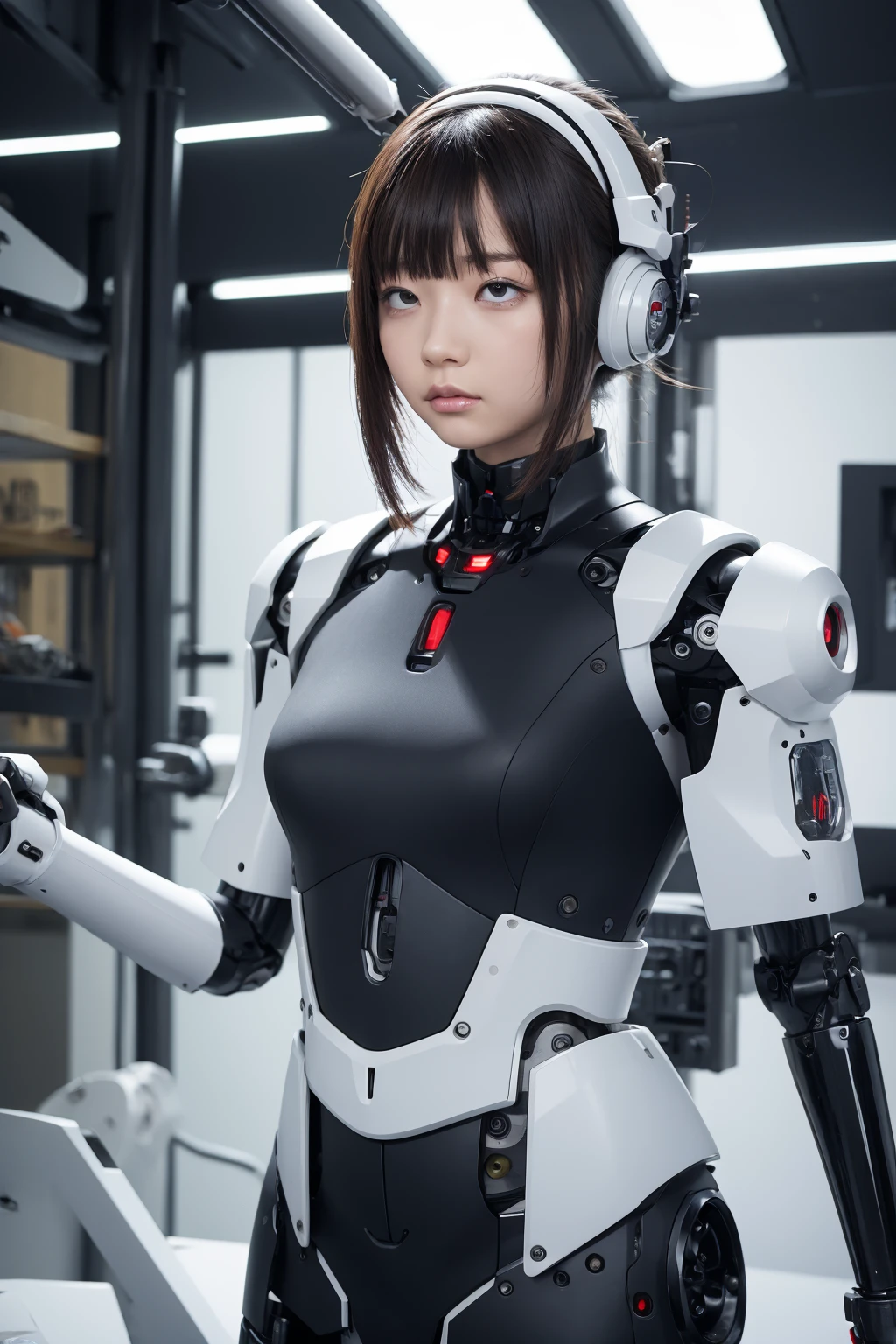 masterpiece, best quality, extremely detailed, Japaese android girl,Plump ,control panels,android,Droid,Mechanical Hand, Robot arms and legs,Blunt bangs,perfect robot girl,long tube,thick cable connected her neck,android,robot,humanoid,cyborg,japanese cyborg girl ,robot-assembly plant,She has assembled now,assembly scene,chest monitor,rolling eyes,red eyes