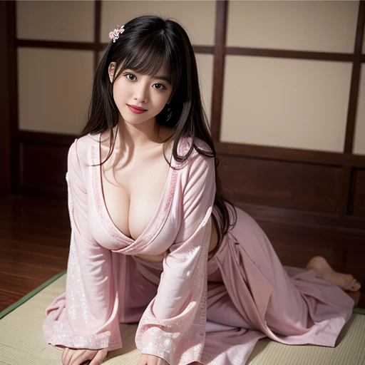 best quality, Delicate face,beautiful visual work, lifelike, eternity, black hair, Long curly hair, blunt bangs, Smile, Detailed Background, Delicate face,blush,cold,((masterpiece))、(top quality)、8k、high detail、Super detailed,41-year-old female,Wearing a yukata, Kneeling on the tatami, masterpiece、born、Scenes resembling fairy tale illustrations、intricate details和複雜的設計、Beautifully、magic、capricious、 Beautifully、Dream aesthetics、「𝓡𝓸𝓶𝓪𝓷𝓽𝓲𝓬、ethereal、charming、fickle、magic」、realism、Visual effects、FXAA、SSAO、Shader、voiceless、ambient lighting、Tone mapping、High resolution、Ultra high quality、Million pixels、(8K resolution:1.10)、8k、8k以下、8K resolution、high detail、intricate details, (high quality:1.2、masterpiece:1.2、:1.21)、(41-year-old female:1.21)、(興奮地Smile)、(Surrounded by a dreamy atmosphere、Model diagram,full-body shot,Normal 2 feet,Put your hands behind you,The protrusion of the breast is visible when wearing clothes, Large Breasts, H cup chest, pink clothes, Don't show your fingers, full-body shot, full-body shot,full-body shot,full-body shot,full-body shot,full-body shot,full-body shot,full-body shot,hands hidden in clothes, hands hidden in clothes,hands hidden in clothes,hands hidden in clothes,hands hidden in clothes,hands hidden in clothes,hands hidden in clothes,hands hidden in clothes,hands hidden in clothes, ,hands hidden in sleeves ,hands hidden in sleeves ,hands hidden in sleeves ,hands hidden in sleeves ,hands hidden in sleeves ,hands hidden in sleeves ,hands hidden in sleeves ,hands hidden in sleeves, arms behind back, arms behind back,White yukata with cherry blossom pattern, Pink floral pattern yukata, Yukata with cherry blossom pattern on it, White yukata with cherry blossoms printed on it, In Sakura Tree Park, Maruyama Park in Japan is full of cherry blossoms, In the park