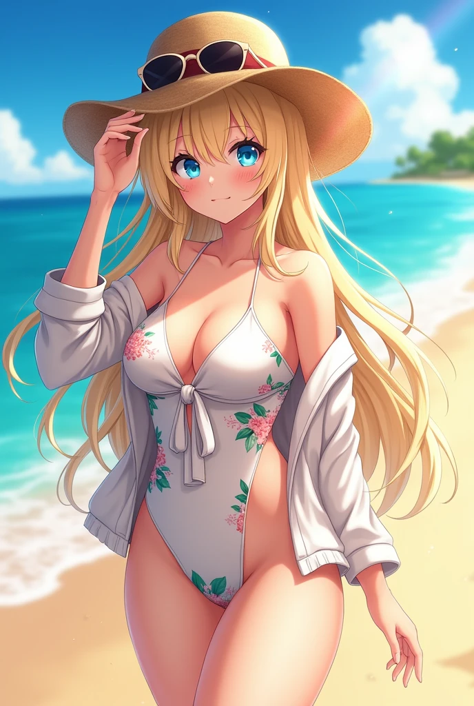 Best quality, detailed, 4k, master piece, (photoanemism:1.2), beautiful anime girl, blonde hair, long hair, blue beautiful eyes, long eyelashes, at Beach, Straw hat with sunglasses, fashionable white flowery swimsuit with unique design, tied jacket , Long angle that focuses on the girl, special effects, fashionable pose, take reference: https://www.cdjapan.co.jp/product/NEOGDS-407642