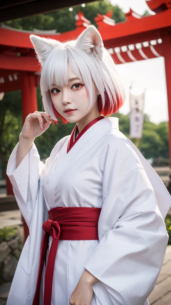 White Demon Fox、Nine-tailed Fox、Japanese women、kimono、Fair skin、Red lines on face、8K、I have Bobshort hair