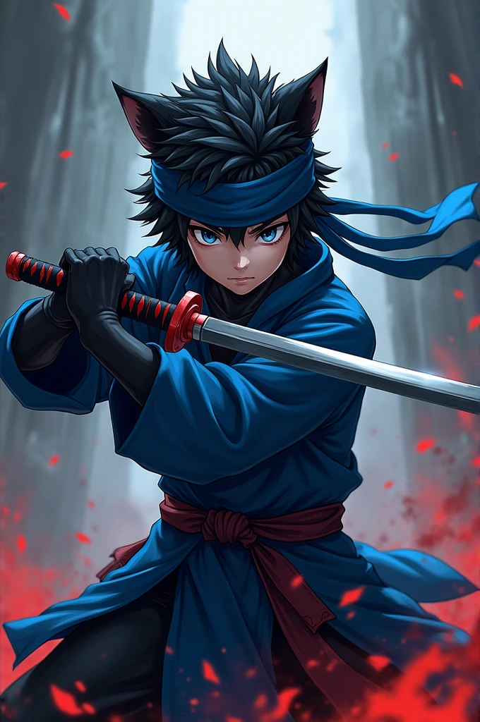 anime boy, black fur, grey eyes, a blue ninja bandage on the head blue clothes with black, Black and red ninja katana, black pantaloon, black dung, Ninja position