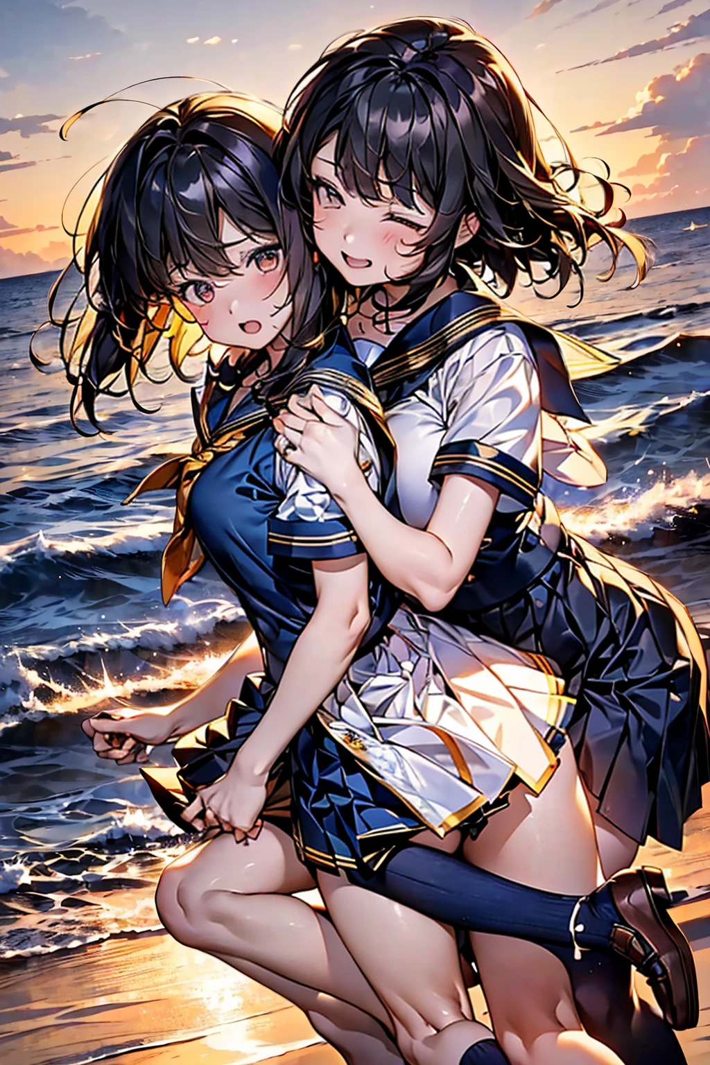 Browsing Caution,(Highest quality, 8k, masterpiece:1.3,beautiful girl), (Very detailed)Glowing Skin,(((Woman 1))),((Short sleeve, cute navy sailor suit, Navy Pleated Skirt, Navy sailor collar, Blue Sailor Scarf, socks, Brown Loafers)), running、Mr....... Turning,(Perfect Anatomy, Anatomically correct, Very detailed肌),((Golden Eyes)),((Perfect Fingers,Five Fingers)),((Black Hair,Bobcut,)),Natural Makeup,Smile in full bloom、Rear View、cheeks turn a little red,Seaside、sunset、Hair blowing in the wind、While stroking my hair,Smiling with teeth showing,turn around,wave hands