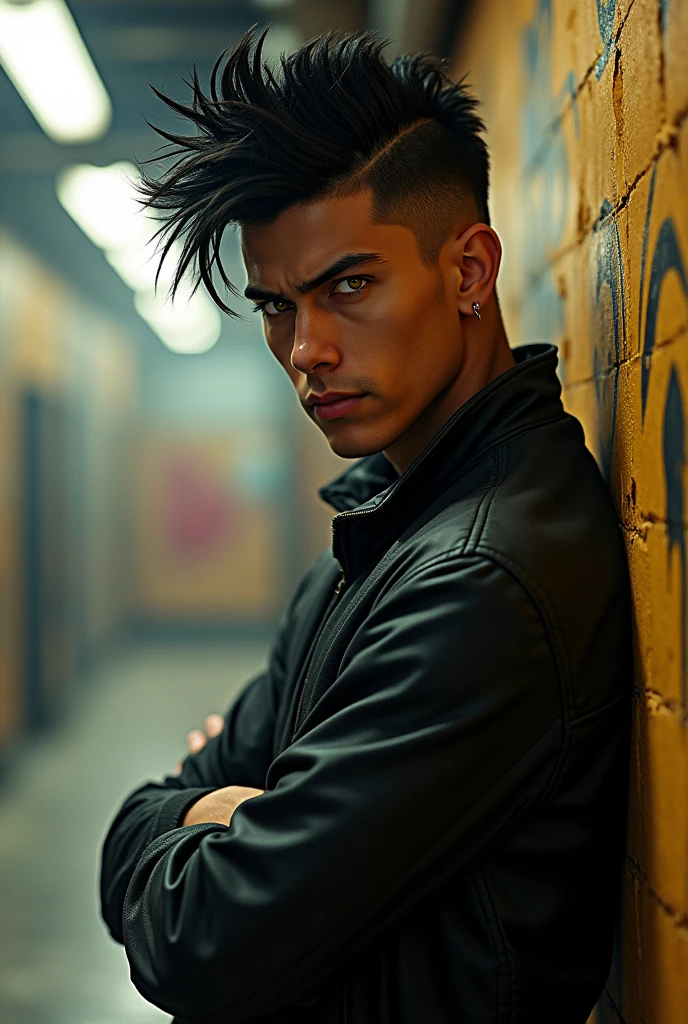 Solo, latino boy of 19 years old, toned, lean, black hair, faux hawk hair, yellow eyes, indoors, standing, arms crossed, front view, leaning his back against a wall, serious, urban style cloth.