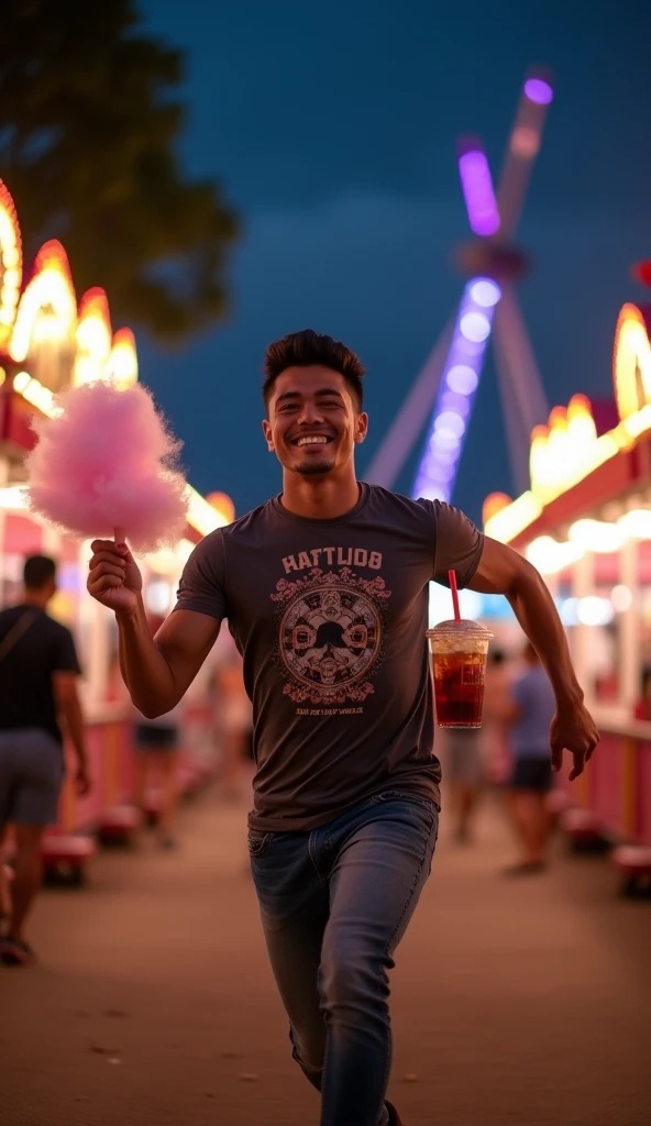 photorealistic, best quality, masterpiece, extremely detailed, sexy, homoerotic, extremely handsome, youthful, 25 year old muscular bruneian malay man, muscular bodybuilder, fitted graphic print tshirt, tight jeans, big smile, happy, holding out cotton candy towards camera, holding a drink in his other hand, running towards the camera, around funfair carnival, at midnight, ambient lighting, dramatic shadows, extremely romantic atmosphere, perfect face, perfect fingers, perfect hands, perfection