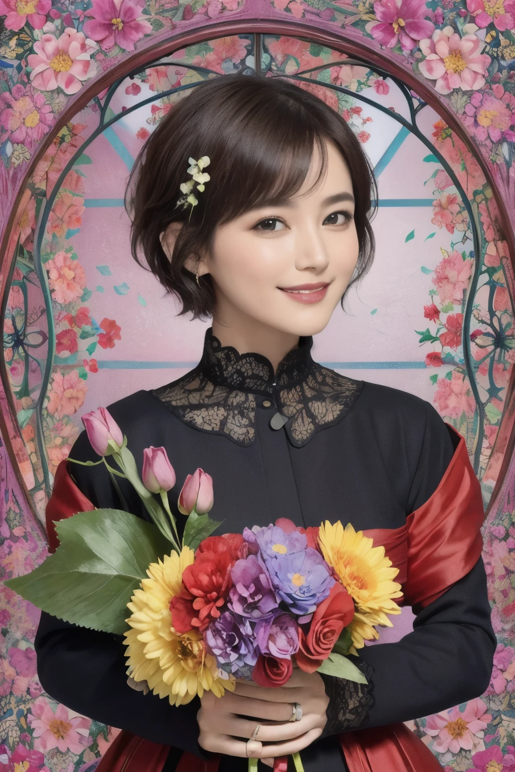 271 (20-year-old woman,short hair), (masterpiece, Highest quality, beautiful:1.2), Very detailed, (Fractal Art:1.1), (colorful:1.1), (flower:1.3), whole body, (Abstract background:1.3), (Many colors:1.4), (Old-fashioned smile), (window)