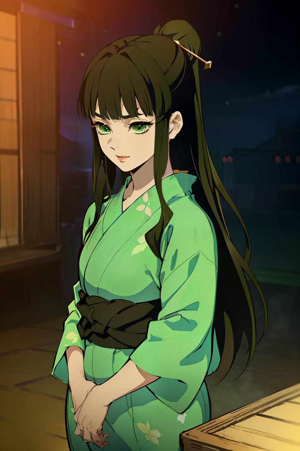 (high-quality, breathtaking),(expressive eyes, perfect face) (((yukata, sexy lips)), 1girl, female, solo, young adult, dark brown hair, green coloured eyes, stylised hair, long length hair, loose hair, side bangs, tied up, japanese clothing, elegant, soft make up, hair pin accessory in hair, demon slayer art style
