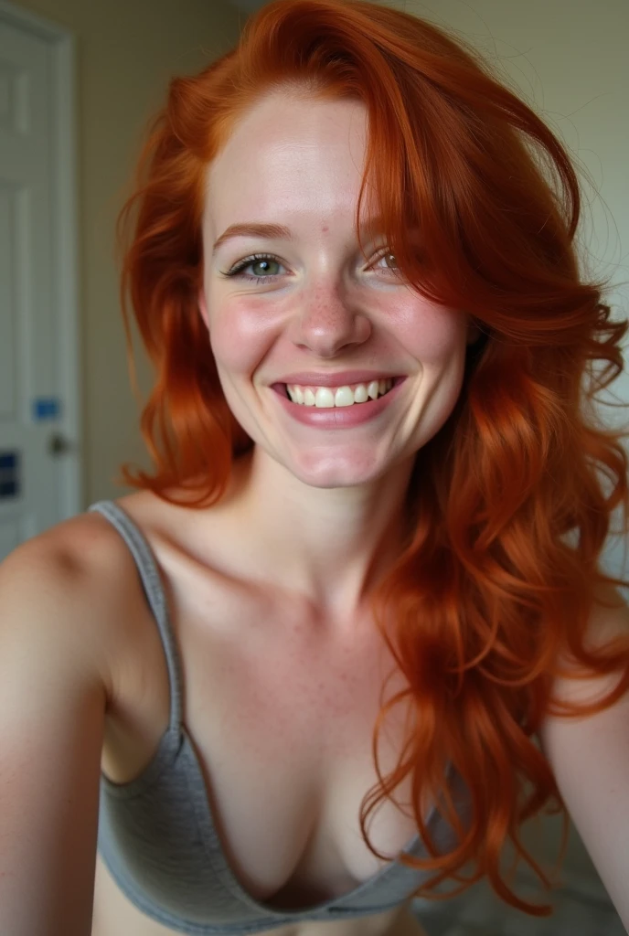 Boring Snapchat Photo of a beautiful redhead woman, wearing no bra. The photo was shot on a phone and posted in 2015 on Snapchat.