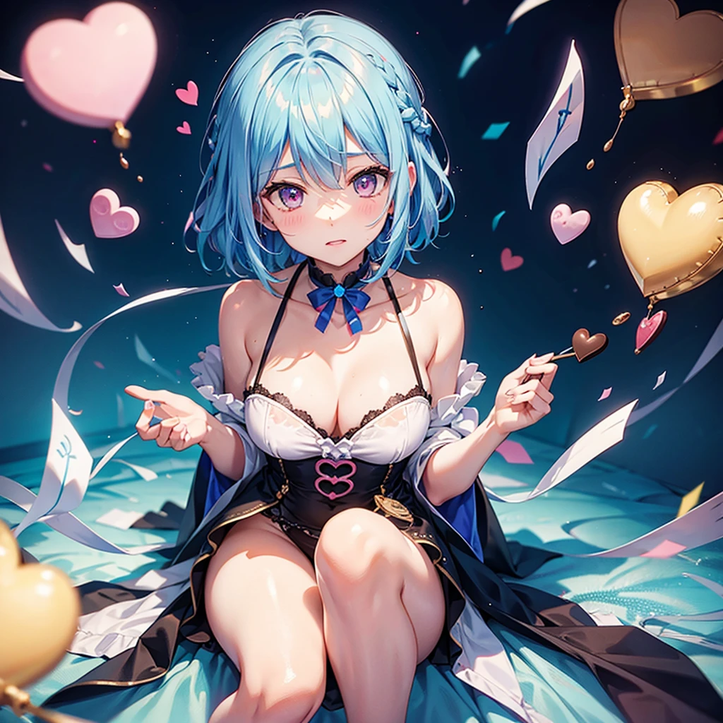 Sky Blue Hair、Braided Short Hair、Pink Eyes、Fair skin、whole body、One person、Shy、Lots of hearts in the background、(Heart-shaped chocolate)、Chocolate Fairy、valentine's day、masterpiece、Highest quality、Very detailed、Best Shadow、Detailed Background、Beautifully detailed face、High contrast、Best lighting、Very delicate and beautiful、Cinematic light、Hyper Detail、8k、Dramatic Light、Exquisite detail、