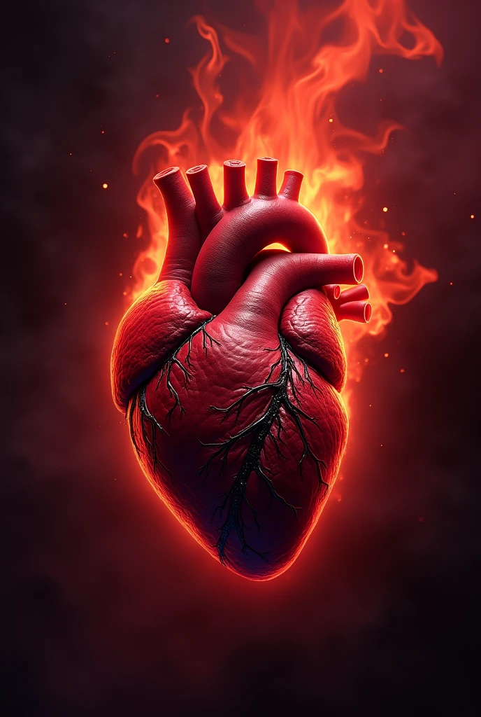 drawing of a human heart with a burgundy flame background for a book cover