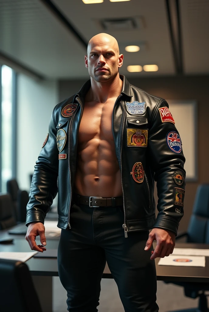 Big giant body builder bald men wearing unbuttoned stylish leather jacket with logos in office