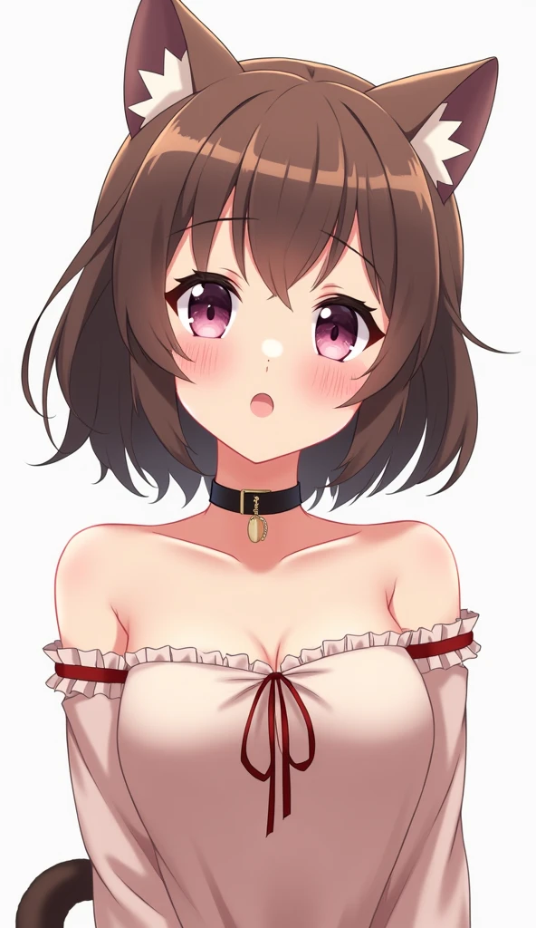 one girl, anime style, cat ears, off shoulder, medium breasts, shy, blush, navel, choker, obedient