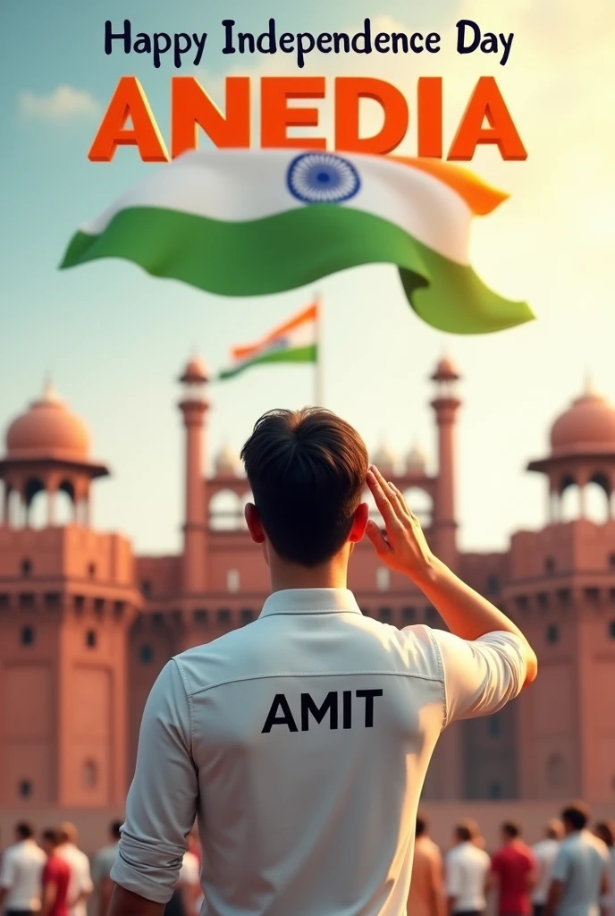 Create a 3D image of 22years old boy is wearing White color shirt and saluting to indian flag and behind him red fort placed a hoisting flag on that, written Happy Independence Day 2024" on the sky and "AMIT" is written on his shirt with bold letters and also in overall image has the divine background like indian republic day. Everyone is celebrating.