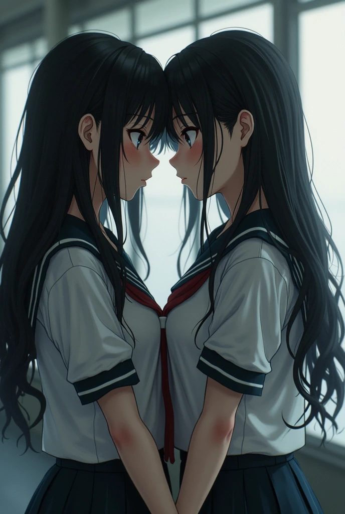 2 girls, bound bodies, bound together, tied, hands tied, shibary, schoolgirls, low lighting, high contrast
