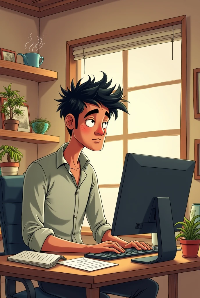 make a cartoon of a tall indonesian man who work on his computer (make like the picture is not make by a ai)
