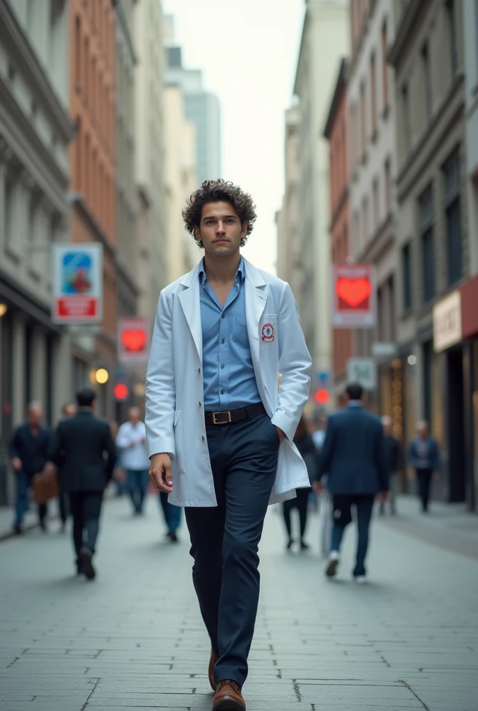 A young man with curly hair and attractive dress up walking in the street looks like a doctor
