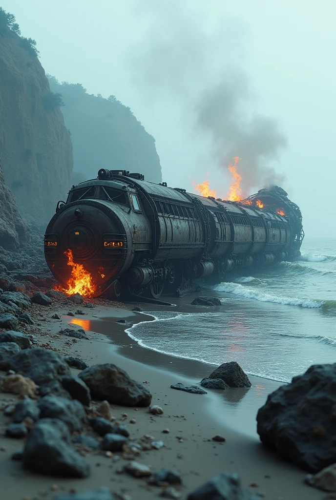 (Photo realism) vapor train, without rails, crashed on beach, on its side, destroyed on rocks, on fire, outdoors, soft lighting, sea in background, realistic, intricate details, cold colors