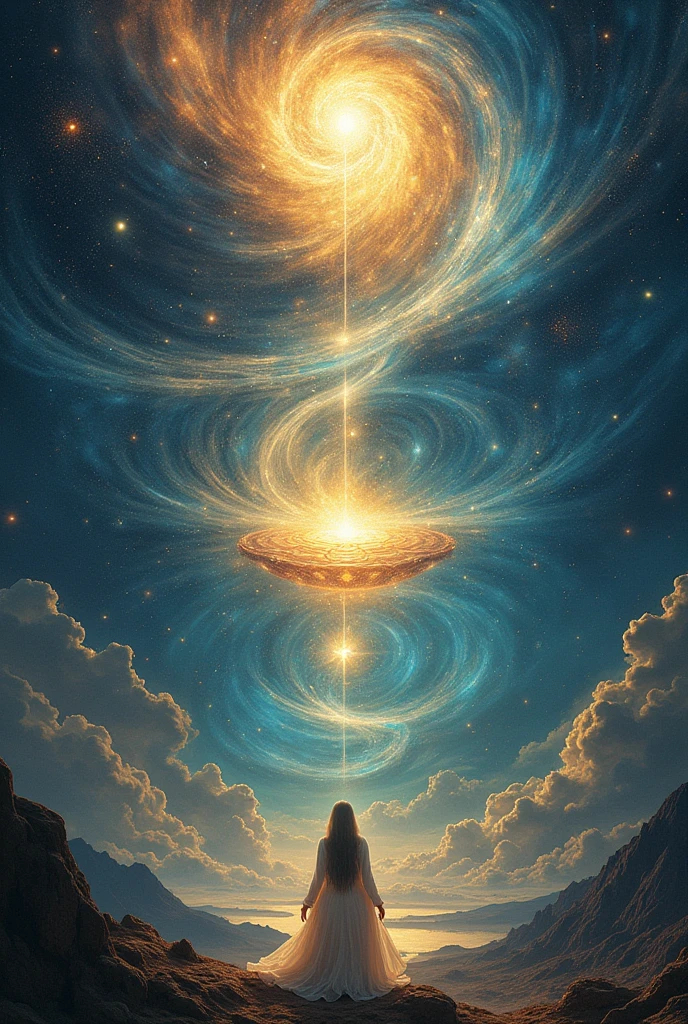 **Evolution of the Universe**: Create a drawing showing the universe in different stages, from primordial creation to its dissolution and eventual rebirth. Includes elements such as the primordial ocean, the golden lotus, the expanding cosmos and the dissolution phase.