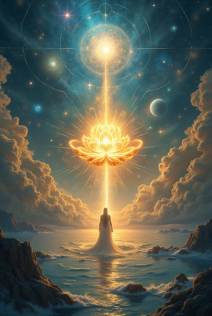 **Evolution of the Universe**: Create a drawing showing the universe in different stages, from primordial creation to its dissolution and eventual rebirth. Includes elements such as the primordial ocean, the golden lotus, the expanding cosmos and the dissolution phase.