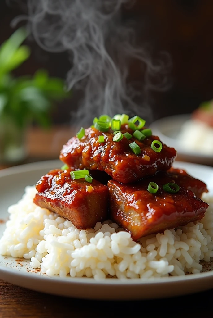 Chinese rice prepared and plated with ribs 