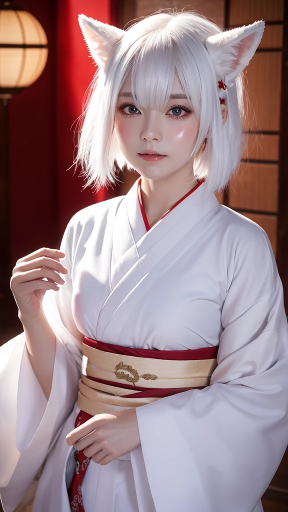 White Demon Fox、Nine-tailed Fox、Japanese women、kimono、Fair skin、Red lines on face、8K、I have white hair、Bobshort hair
