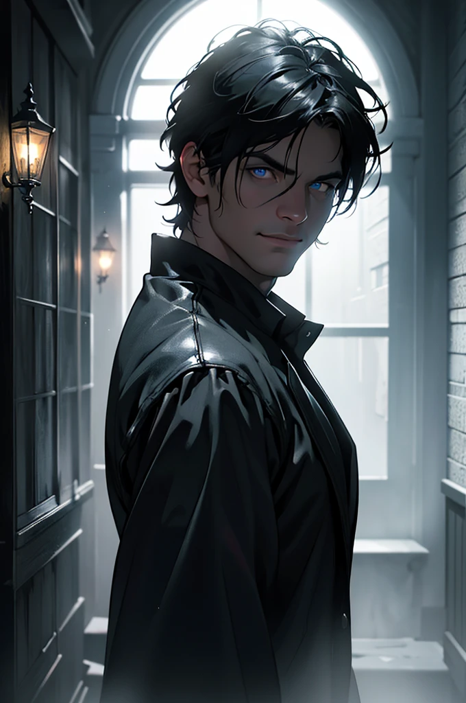 a man with shining eyes, shining smile, dramatic shadow, dark mysterious atmosphere, moody lighting, cinematic, (best quality,4k,8k,highres,masterpiece:1.2),ultra-detailed,(realistic,photorealistic,photo-realistic:1.37),dramatic chiaroscuro, dramatic lighting, dramatic shadows, dark fantasy, dark surreal, dark moody, dark brooding, dark and moody, dark and mysterious, dark and dramatic, dark and cinematic
