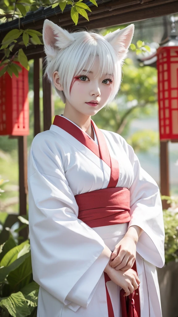 White Demon Fox、Nine-tailed Fox、Japanese women、kimono、Fair skin、Red lines on face、8K、I have white hair、Bobshort hair