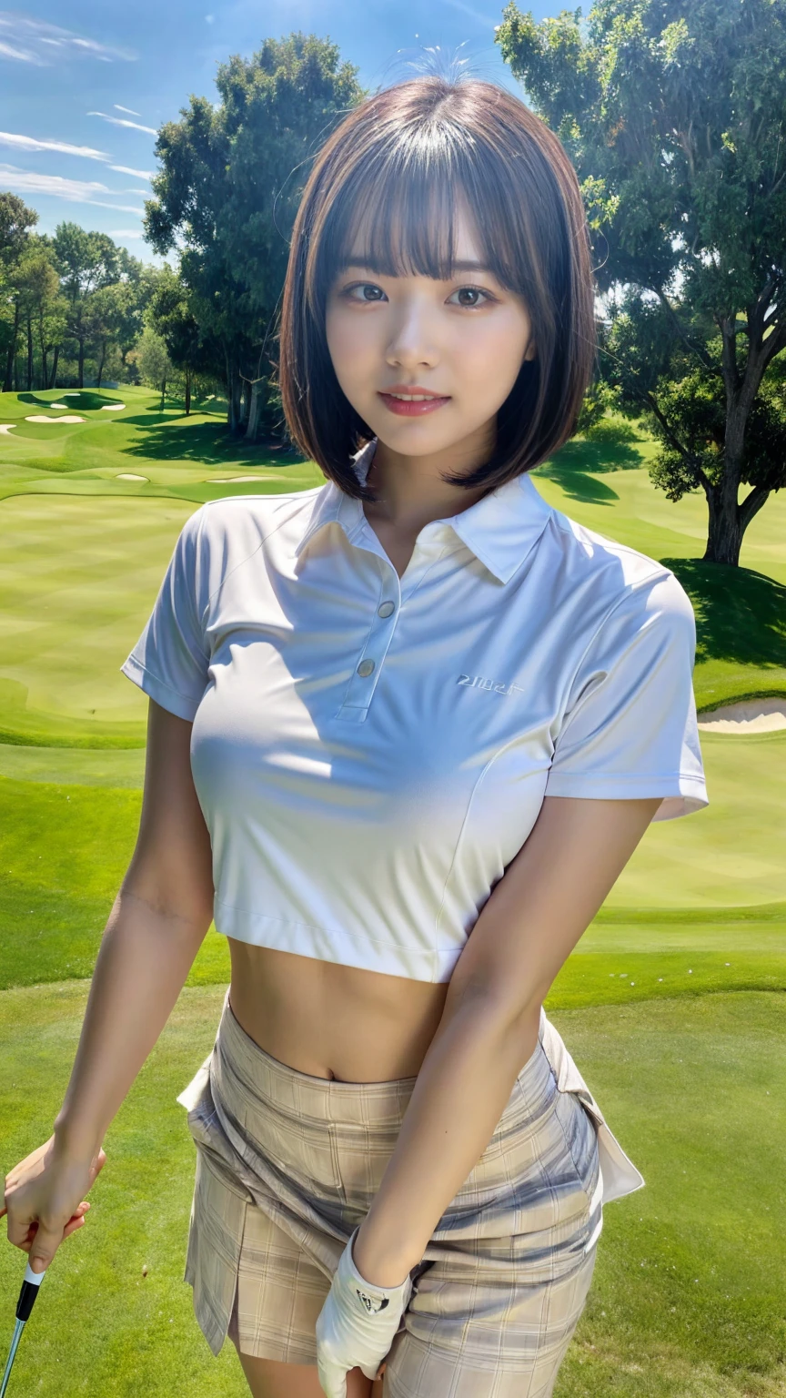 (8K,RAW Photos,highest quality,masterpiece:1.9),(Watching the audience:1.9)Erotic,Huge breasts,Very small waist,very thin legs,A dreamy look,(curby body:1.8),(Sleeveless Golf Wear:1.8),(Little belly button:1.6),(Miniskirt:1.8),(Golf course:1.8),(One cute gal:1.8)