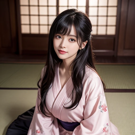 best quality, Delicate face,beautiful visual work, lifelike, eternity, black hair, Long curly hair, blunt bangs, Smile, Detailed Background, Delicate face,blush,cold,((masterpiece))、(top quality)、8k、high detail、Super detailed,41-year-old female,Wearing a yukata, Kneeling on the tatami, masterpiece、born、Scenes resembling fairy tale illustrations、intricate details和複雜的設計、Beautifully、magic、capricious、 Beautifully、Dream aesthetics、「𝓡𝓸𝓶𝓪𝓷𝓽𝓲𝓬、ethereal、charming、fickle、magic」、realism、Visual effects、FXAA、SSAO、Shader、voiceless、ambient lighting、Tone mapping、High resolution、Ultra high quality、Million pixels、(8K resolution:1.10)、8k、8k以下、8K resolution、high detail、intricate details, (high quality:1.2、masterpiece:1.2、:1.21)、(41-year-old female:1.21)、(興奮地Smile)、(Surrounded by a dreamy atmosphere、Model diagram,full-body shot,Normal 2 feet,Put your hands behind you,The protrusion of the breast is visible when wearing clothes, Large Breasts, H cup chest, pink clothes, Don't show your fingers, full-body shot, full-body shot,full-body shot,full-body shot,full-body shot,full-body shot,full-body shot,full-body shot,hands hidden in clothes, hands hidden in clothes,hands hidden in clothes,hands hidden in clothes,hands hidden in clothes,hands hidden in clothes,hands hidden in clothes,hands hidden in clothes,hands hidden in clothes, ,hands hidden in sleeves ,hands hidden in sleeves ,hands hidden in sleeves ,hands hidden in sleeves ,hands hidden in sleeves ,hands hidden in sleeves ,hands hidden in sleeves ,hands hidden in sleeves, arms behind back, arms behind back,Pink and white yukata with flower pattern, Pink and white floral pattern yukata, Yukata with cherry blossom pattern on it, White yukata with cherry blossoms printed on it, In Sakura Tree Park, Maruyama Park in Japan is full of cherry blossoms