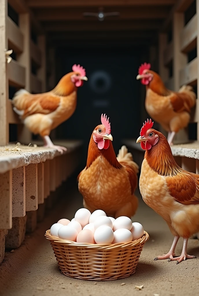 design a shed to house industrial laying hens during the egg production phase, make the nests and there is no need for the light red eggs to appear in the nest, I want them in a basket and place them in this basket with the writing: IFES - Itapina; Technical Course in Animal Science 2KL - 2024; Prof.: Veredino. Place the birds on the perch, on the ground and on top of the nest.