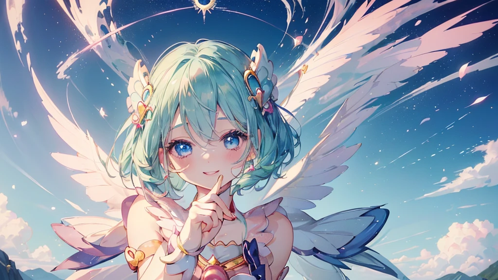 (Top view,Spread your hands), (((Highest quality、masterpiece、Ultra-fine、Ultra-fine、髪UP,Green Hair,Exquisite、Absolute area,dress,16K,cute,Look up,The best smile,Full HD,)), ( ((summer,One person,かわいいMagical girl,)))Blue Eyes、Long eyelashes、White skin、(Pale pink lips、Pale pink cheeks、thin and long)、 ((((かわいいMagical girl,The best smile)), (One person)) 、(blue sky)) 、 ((Magical girl)