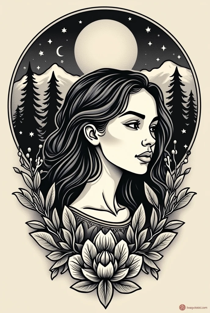 I want a tattoo image with a northeastern theme (woodcut style) to honor the birth of my daughter. Name Ayla Iva.