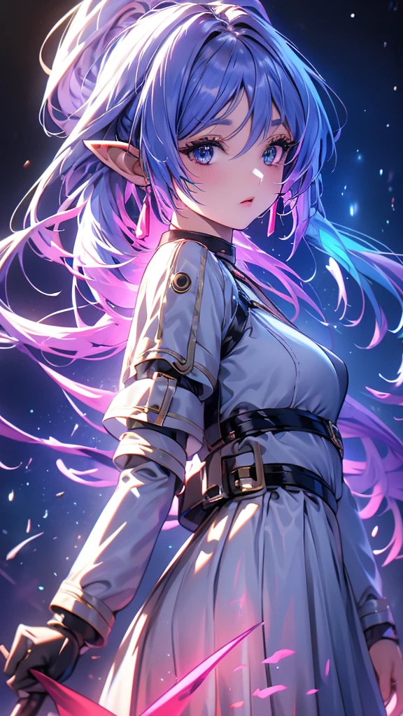 1 person, 20-year-old girl, One person, (Silver Hair), Long pointed ears、Elf、(Gradient sky blue hair tip:1.6), hair, Ridiculously long hair, Single Side Lock, Wavy Hair, Shine髪, Floating Hair, (Fantastic deep purple eyes), Delicate eyes, Aqua Eye, Very fine eye, Long upper eyelashes, ((Glowing Eyes)), compensate, Focus on the face, Highly detailed facial, Pretty face, Perfect breasts, Hot body, (Delicate skin texture:1.2), break, White extra long skirt, Fashion Clothing, necklace, Technical clothing masterpiece, on the road, Gazing at the starry sky, meteor, cyber punk, Detailed Background, The perfect layered cut, clean focus, (magazine:1.3), (Cover Style:1.3), Octane Rendering, Tyndall effect, Real, Dark studio, Side light, 2-color illumination, realism, Chiaroscuro, (Shine光), Shine, Ray Tracing, Cinema Lighting, Futurism, Motion Blur, Atmospheric perspective, Depth of written boundary, Bokeh, Highest quality, 超High resolution, Super Detail, masterpiece, High resolution, Accurate, retina, Anatomically correct