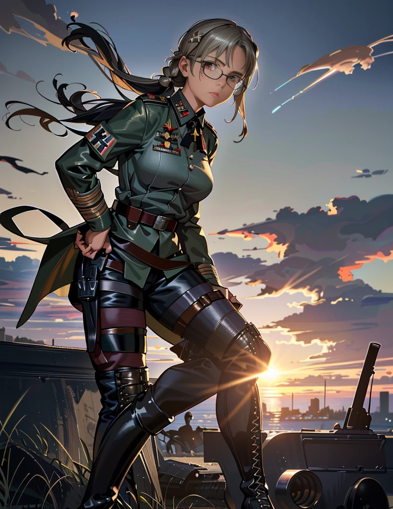 (ultra-detailed, dynamic action sequence: 1.2), lara croft with a leather jacket, messy yet beautiful hair flying in the wind, gun belt, shorts and thigh-high boots, toned muscles, batman clad in a sleek armor suit, cape flowingly behind, batman's mask revealing detailed features,
detailed background, cityscape with towering buildings and neon lights, sun setting casting an orange glow,
(action-packed: 1.4), lara expertly handling the motorbike, Batman's arms wrapped around her waist for support, leaning in to speak into her ear,
BREAK, intense focus on their faces,　Realistic, (German World War II general uniform reference : 1.8), the highest facial resolution, , mulher modestamente vestida, vestido inteiramente, ( pequeno, cabelos pretos, black franja reta, super thin braids, franja reta, Red glasses, olho verde escuro, science fiction, Fighter aircraft, standing On the landing of a Fighter aircraft, the agency, uma personalidade profundamente inteligente, A calm expression, um rosto respeitoso, uma guerra, a Fighter aircraft　(illustration:1.2), (mature female:1.2), 1girl, solo, red background, smoke, long hair, black hair, simple background, outside border, looking at viewer, red eyes, shirt, bangs, collared shirt, white shirt, upper body, closed mouth, glasses