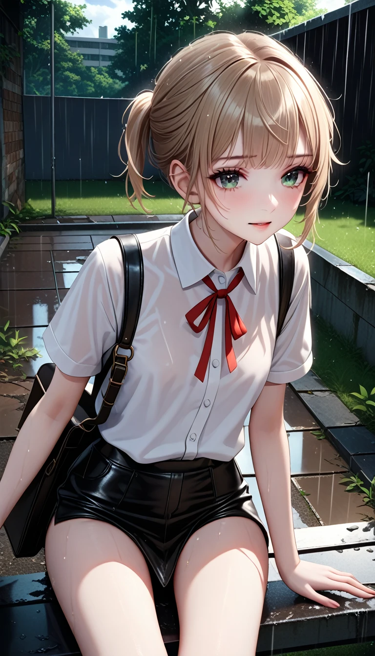 nsfw, (Ultra highest resolution), (Ultra highest quality), (Very detailed), (Very clear), (Realistic and natural light and shadow), (Very exquisite textures and colors), (Natural composition with no sense of discomfort), (Accurate and natural human anatomy), uichan, One pretty girl, small build, Smooth and fine skin, rain, Small abandoned park