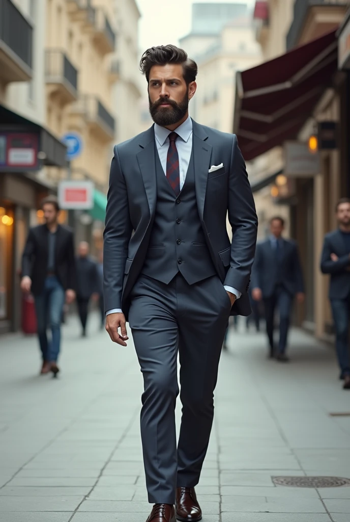 A young man with curly hair with long beard and attractive dress up walking in the street looks like a doctor