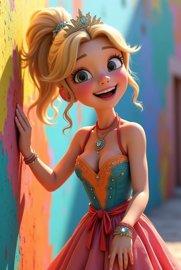 ultra detailed, high quality, best image, masterpiece, top resolution, (((attention to body, not-ugly, detailed hands and legs)))HDR, pixar-style anime image of a princess with light blonde hair, wearing a tiara, a jumpsuit, painting a wall, ponytail, colorful, laughter, joy