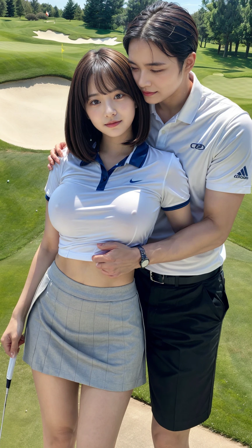 ung office lady being hugged from back by 1 man:1.2,close to each other:1.1), (man's hand touching her breast:1.1),very cute face,bob cut,white skin-tight golf uniform,embarrassed,golf course,perfect anatomy, masterpiece, best quality,8k,perfect face,from front,upper body