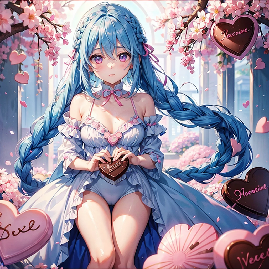 Sky Blue Hair、Braided Short Hair、Pink Eyes、Fair skin、whole body、One person、Shy、Lots of hearts in the background、(Heart-shaped chocolate)、Chocolate Fairy、valentine's day、masterpiece、Highest quality、Very detailed、Best Shadow、Detailed Background、Beautifully detailed face、High contrast、Best lighting、Very delicate and beautiful、Cinematic light、Hyper Detail、8k、Dramatic Light、Exquisite detail、