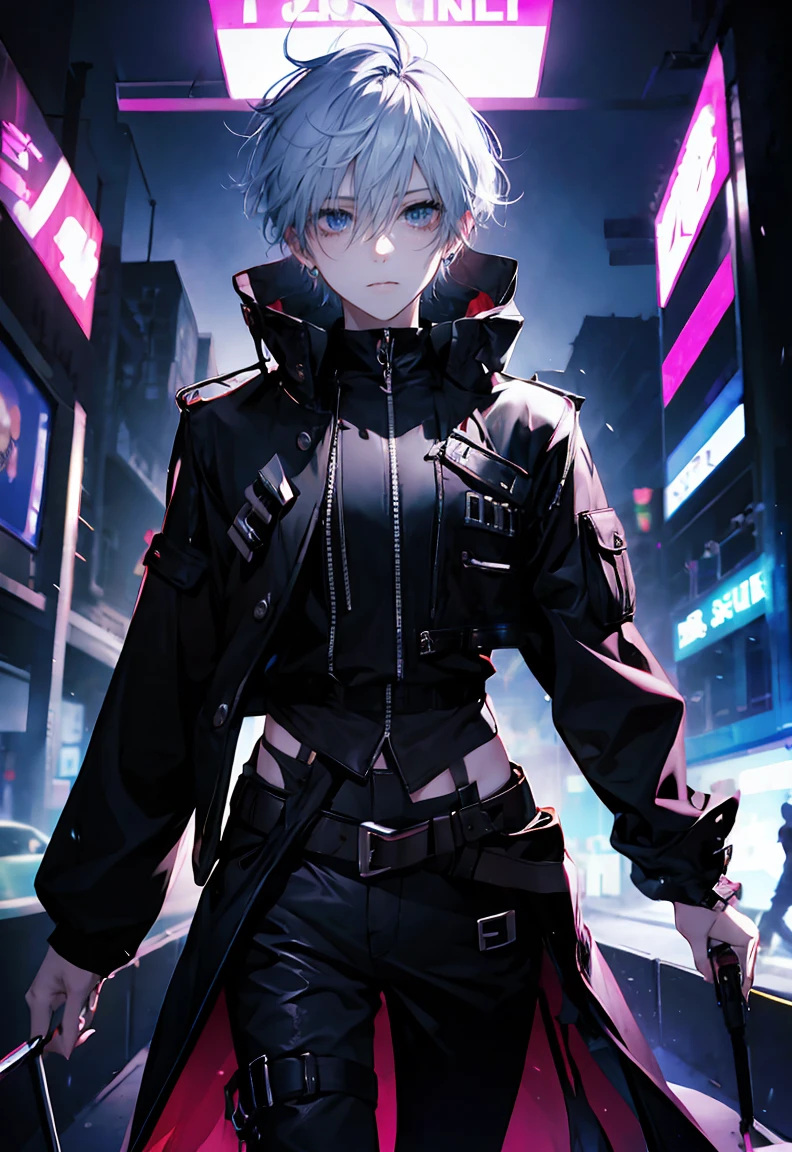 One male character, adult male, bishonen, pretty, handsome, choker, cybernetic inspiration, cyberpunk, alternative fashion, serious angry face, urban setting, cybergoth, night setting, neon lights, medium length hair, white hair with black strands, harness, baggy pants, goth boots