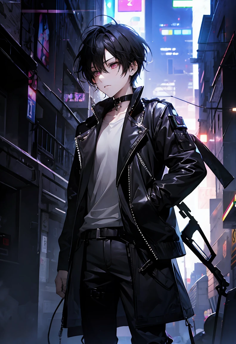 One male character, adult male, bishonen, pretty, handsome, choker, cybernetic inspiration, cyberpunk, alternative fashion, serious angry face, urban setting, cybergoth, night setting, neon lights, medium length hair, white hair with black strands, harness, baggy pants, goth boots