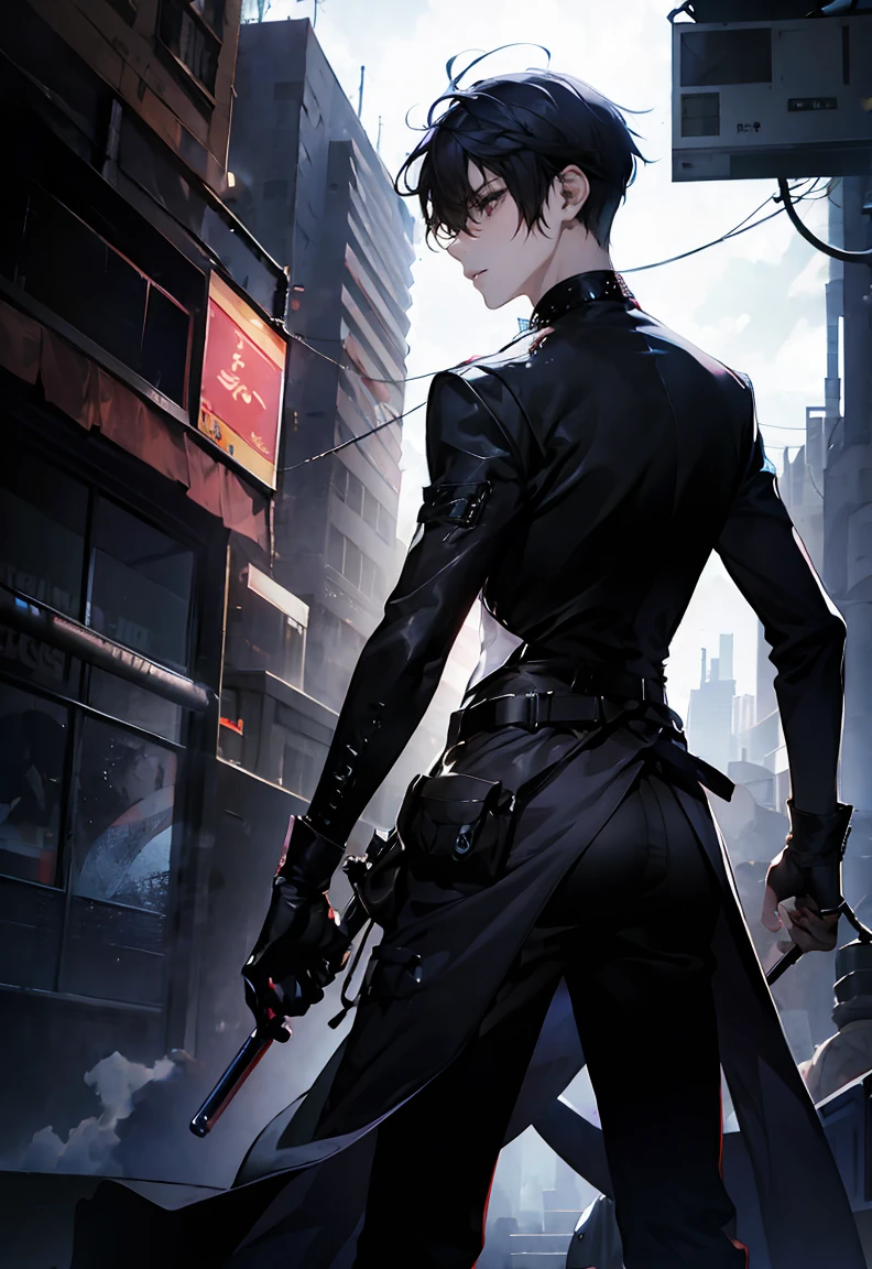 One male character, adult male, bishonen, pretty, handsome, choker, cybernetic inspiration, cyberpunk, alternative fashion, serious angry face, urban setting, cybergoth, night setting, neon lights, medium length hair, white hair with black strands, harness, baggy pants, goth boots