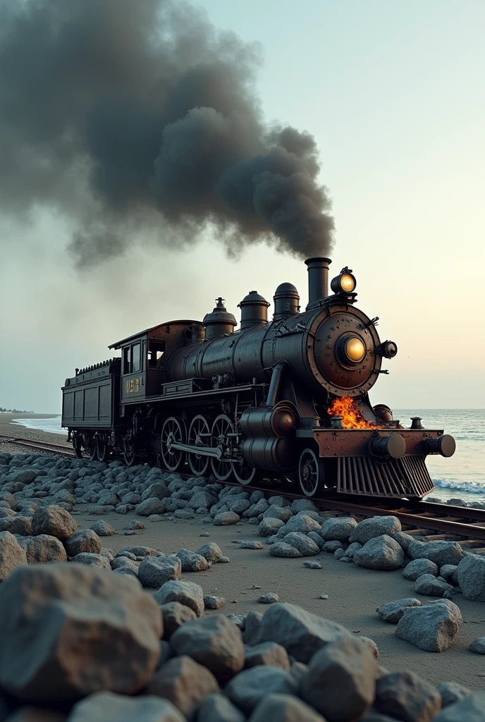 (Photo realism) old vapor train, without rails, crashed on beach, on its side, destroyed on rocks, on fire, outdoors, soft lighting, sea in background, realistic, intricate details, cold colors