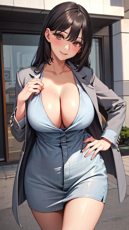 (masterpiece: 1.6, 最high quality), (fine and beautiful eyes: 1.2), (Overheads), high quality, beautiful face, 1 girl, , big breasts, by the wide, Wide hips, (Landscaped), Street, bottom, Detail bottom, creepy smile, smile at the corner of the mouth, long coat, shirt, Atar, Secretary,